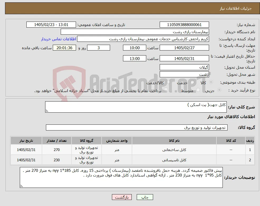 نیاز کالا-کابل جهت( پت اسکن )