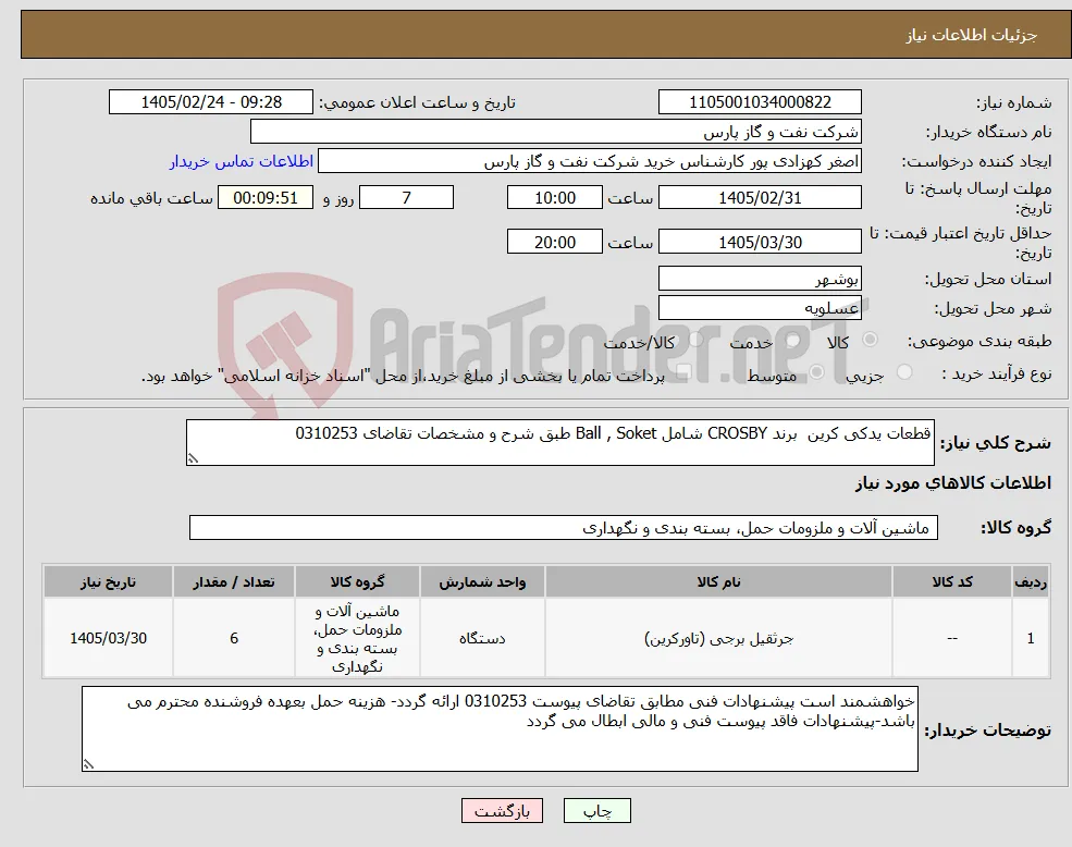 نیاز کالا-قطعات یدکی کرین برند CROSBY شامل Ball , Soket طبق شرح و مشخصات تقاضای 0310253