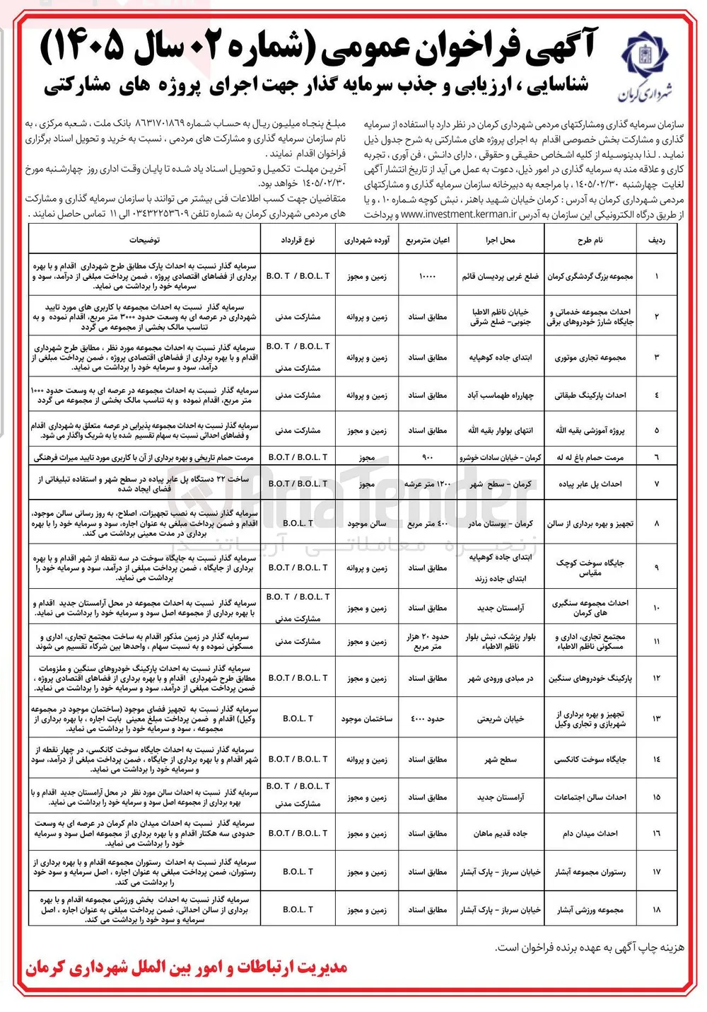 شناسایی ، ارزیابی و جذب سرمایه گذار جهت اجرای پروژه مشارکتی احداث پل عابر پیاده به قرارداد B.O.T / B.O.L.T 