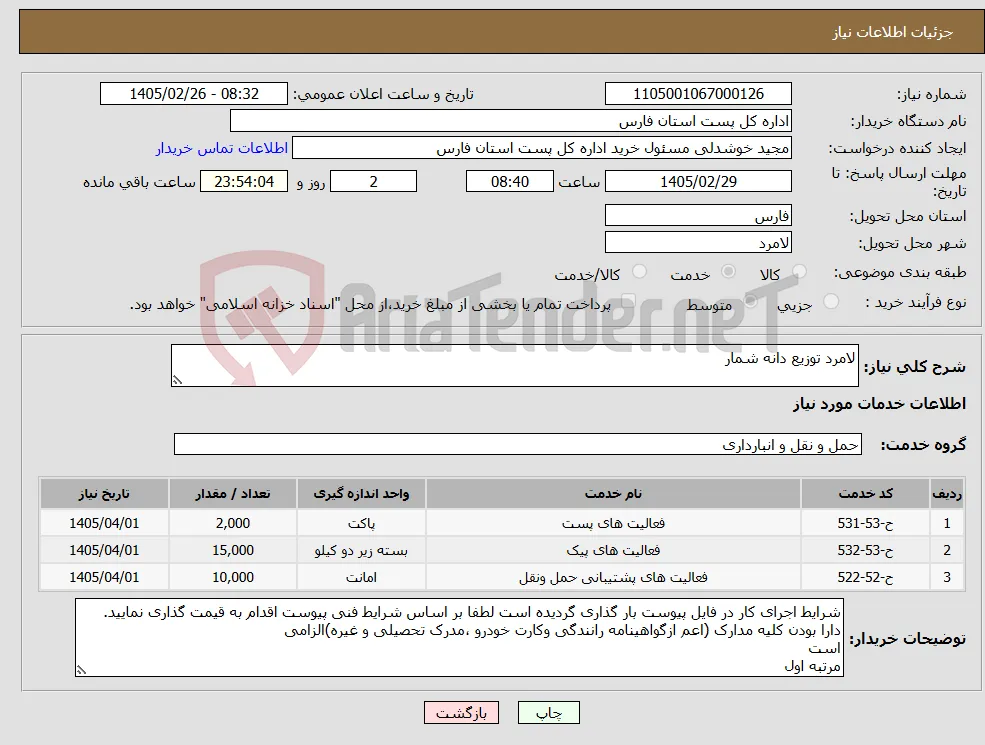 نیاز خدمات-لامرد توزیع دانه شمار