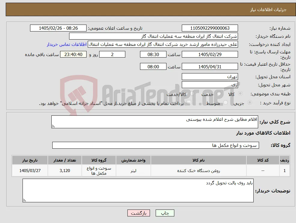 نیاز کالا-اقلام مطابق شرح اعلام شده پیوستی