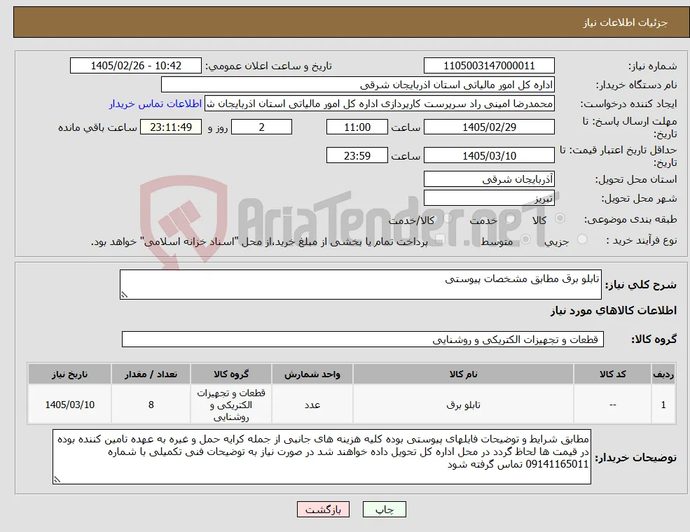 نیاز کالا-تابلو برق مطابق مشخصات پیوستی