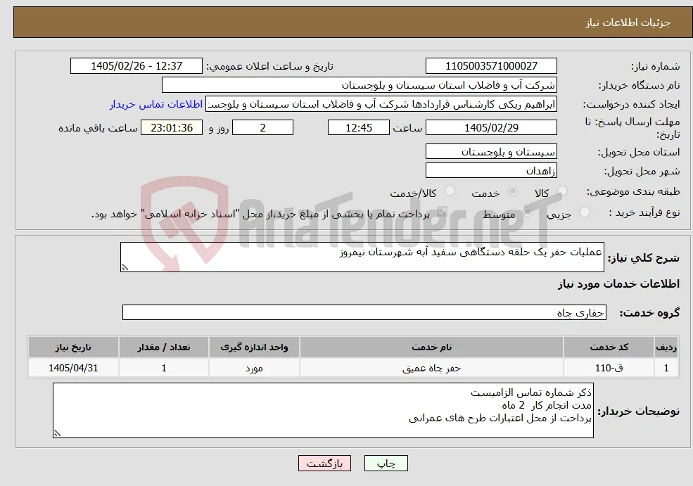 نیاز خدمات-عملیات حفر یک حلقه دستگاهی سفید آبه شهرستان نیمروز
