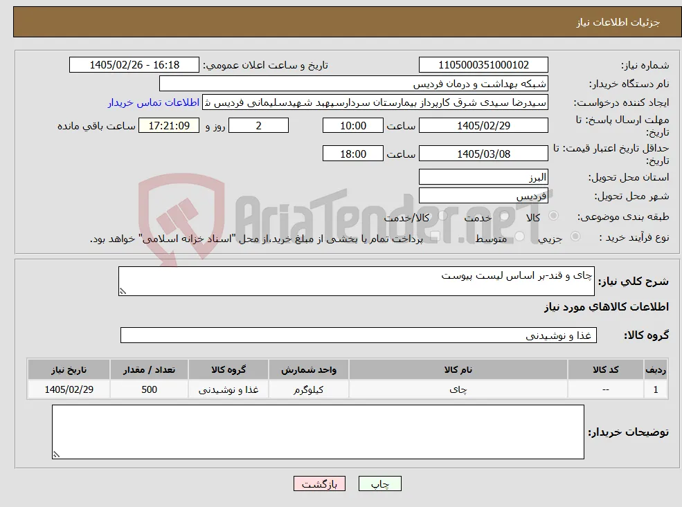 نیاز کالا-چای و قند-بر اساس لیست پیوست