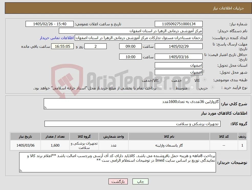 نیاز کالا-گازوازلین 36عددی به تعداد1600عدد