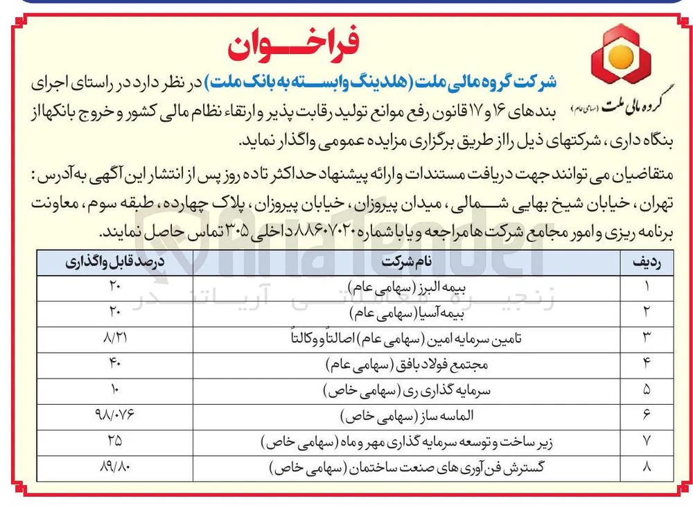 واگذاری شرکت در 8 ردیف شامل شرکت بیمه، تامین سرمایه و...