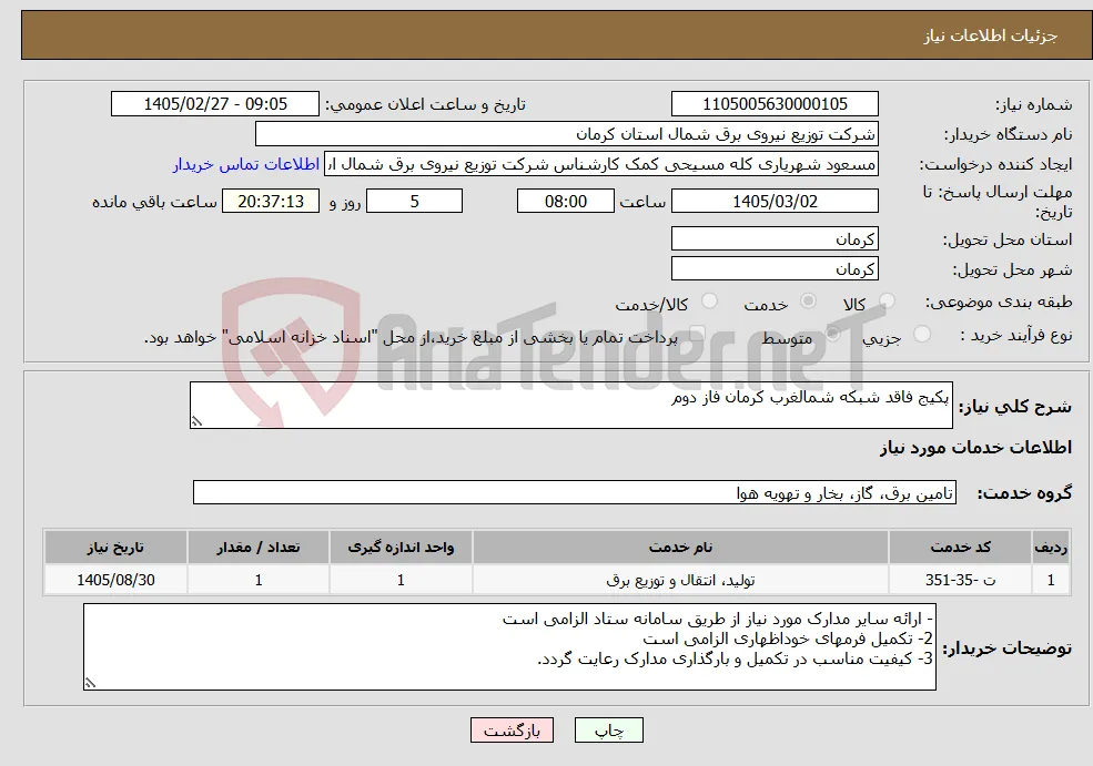 نیاز خدمات-پکیج فاقد شبکه شمالغرب کرمان فاز دوم