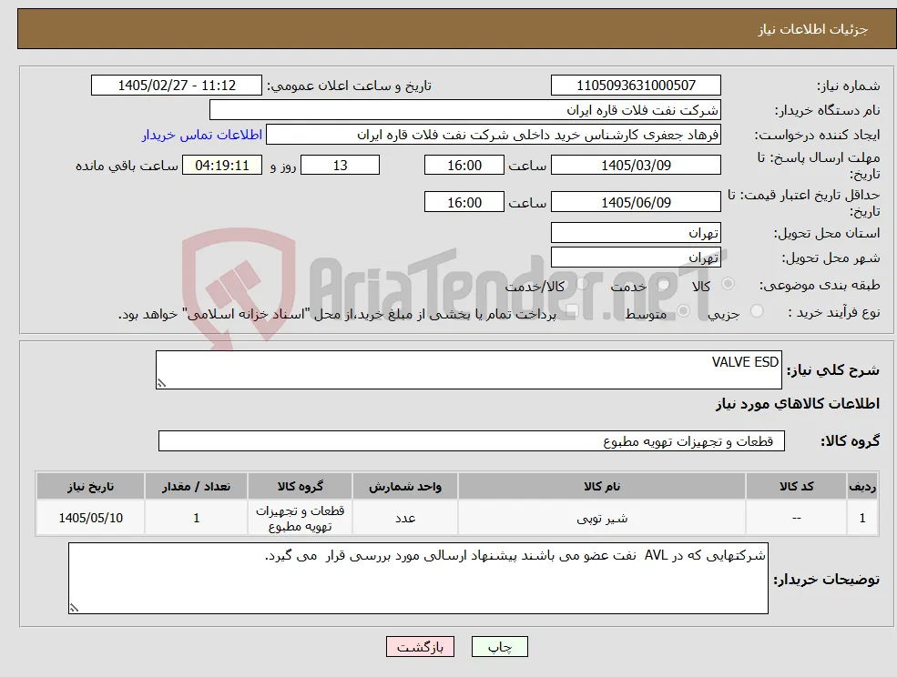 نیاز کالا-VALVE ESD