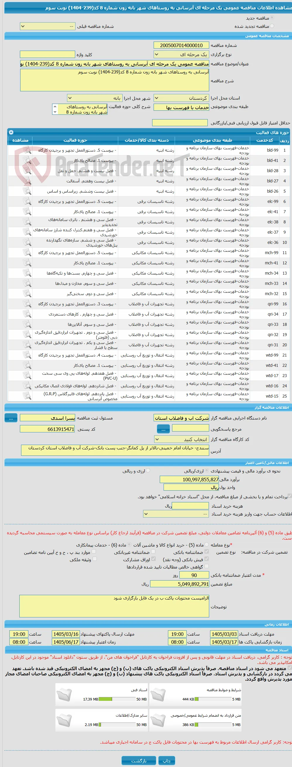 مناقصه عمومی یک مرحله ای آبرسانی به روستاهای شهر بانه زون شماره 8 کد(239-1404) نوبت سوم