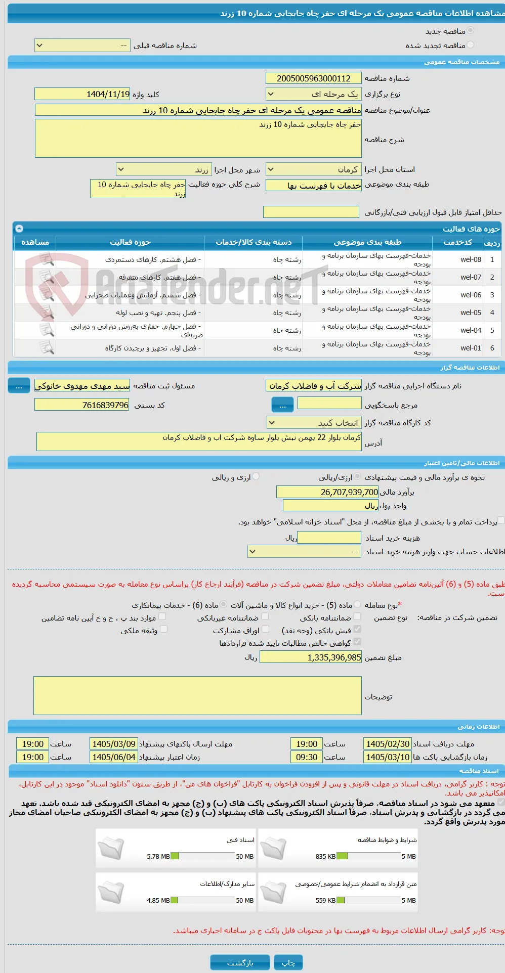 مناقصه عمومی یک مرحله ای حفر چاه جابجایی شماره 10 زرند