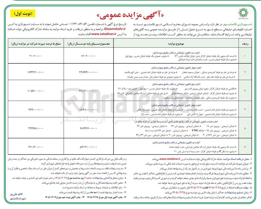 اجاره تابلوهای تبلیغاتی سطح شهر  در 6 ردیف