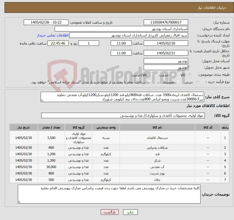نیاز کالا-دستمال کاغذی ایرمان3500 عدد، شکلات فله800کیلو،قند 1200کیلو،شکر1200کیلو،آب معدنی دماوند بزرگ30000عدد،شربت ویمتو ایرانی 800عدد،چای نیم کیلویی شهرزاد