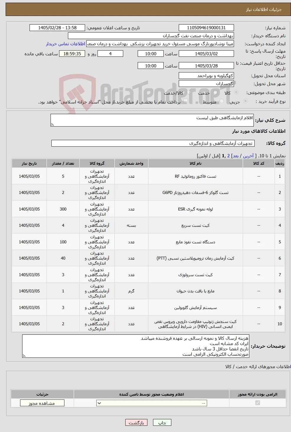 نیاز کالا-اقلام ازمایشگاهی طبق لیست