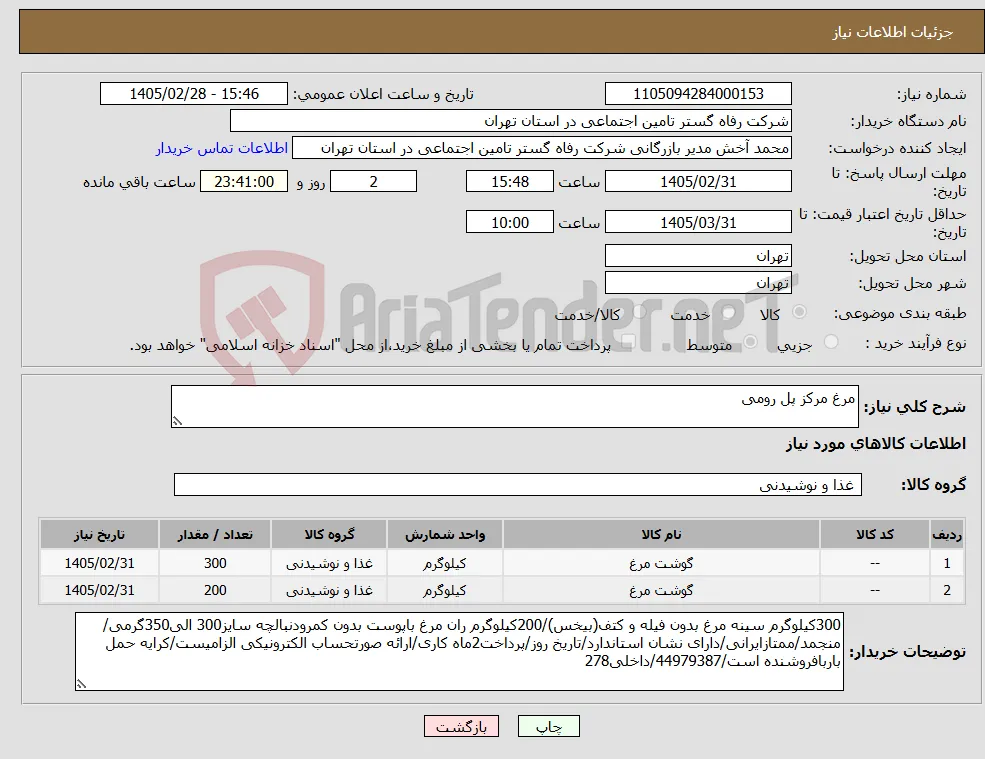 نیاز کالا-مرغ مرکز پل رومی
