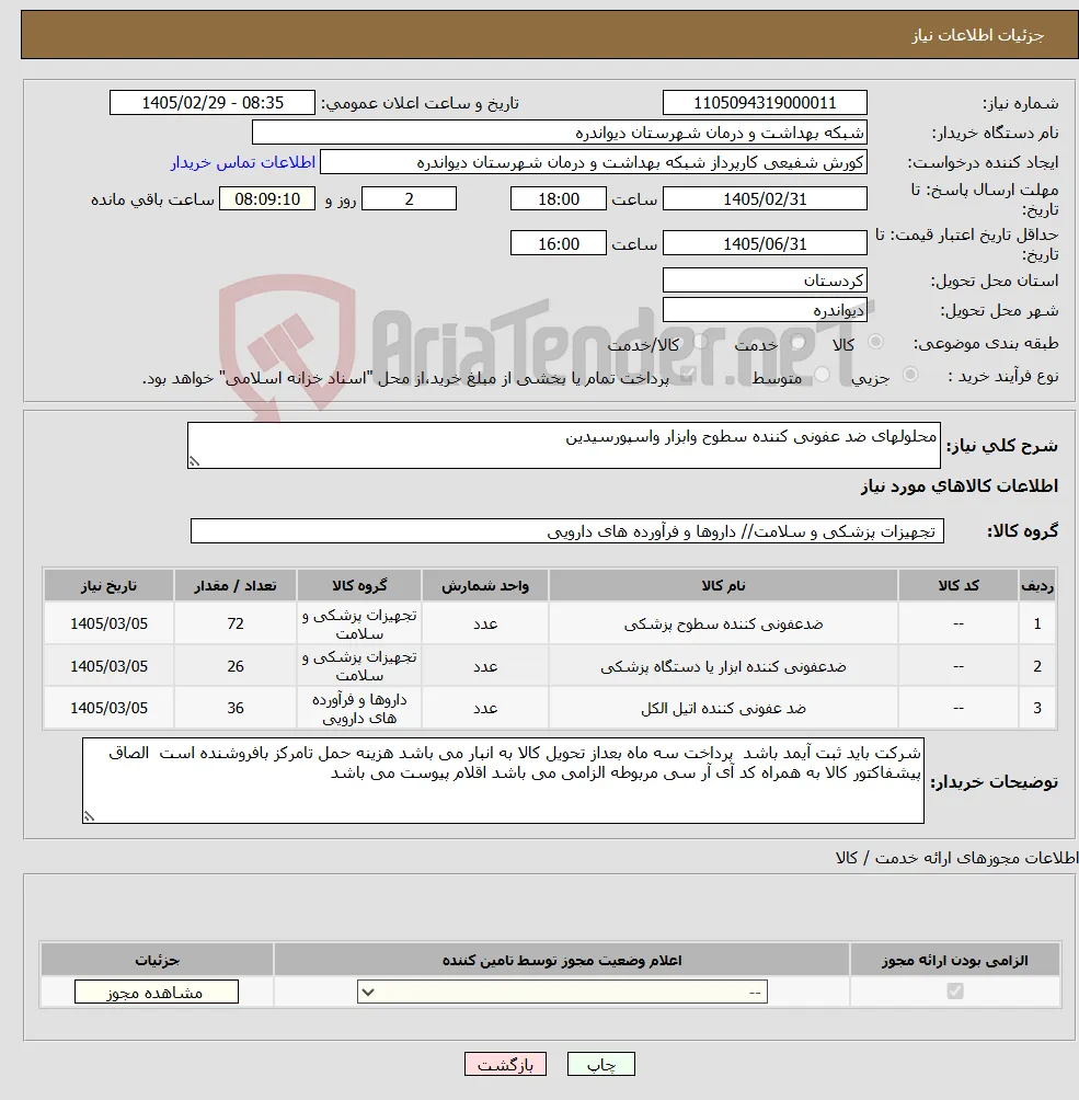 نیاز کالا-محلولهای ضد عفونی کننده سطوح وابزار واسپورسیدین