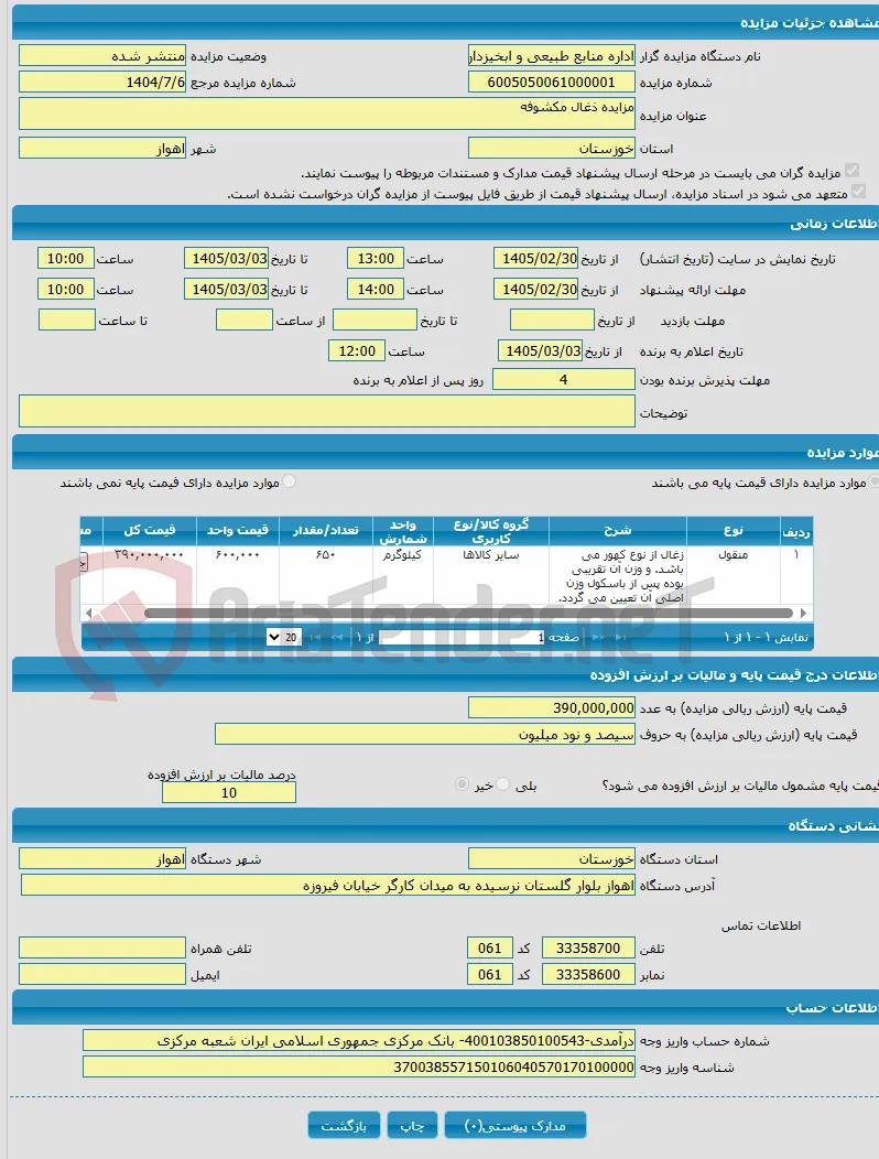 مزایده ذغال مکشوفه