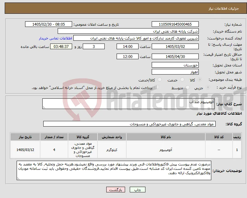 نیاز کالا-آلومینیوم ضد آب