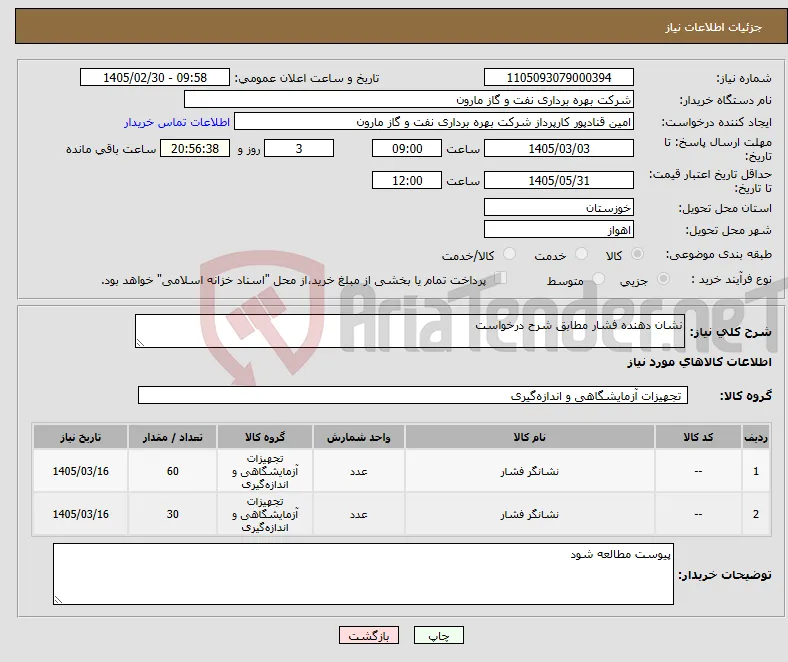 نیاز کالا-نشان دهنده فشار مطابق شرح درخواست