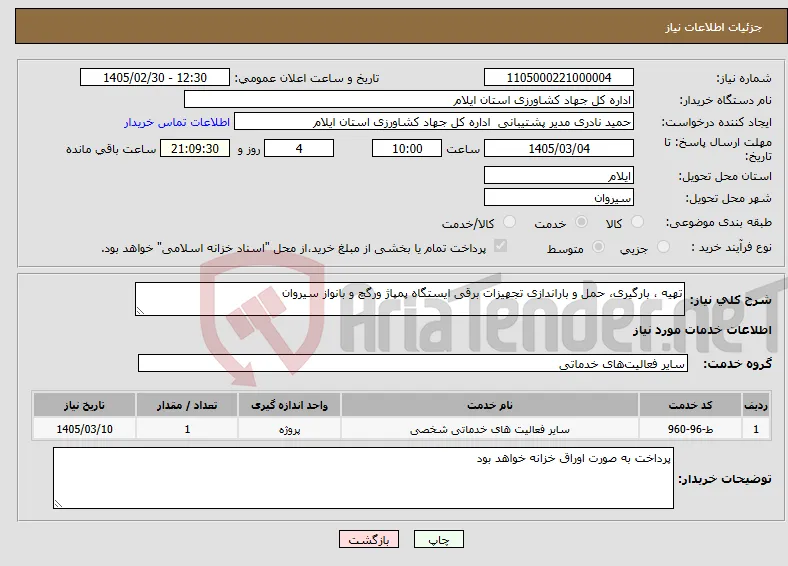نیاز خدمات-تهیه ، بارگیری، حمل و باراندازی تجهیزات برقی ایستگاه پمپاژ ورگچ و بانواز سیروان 