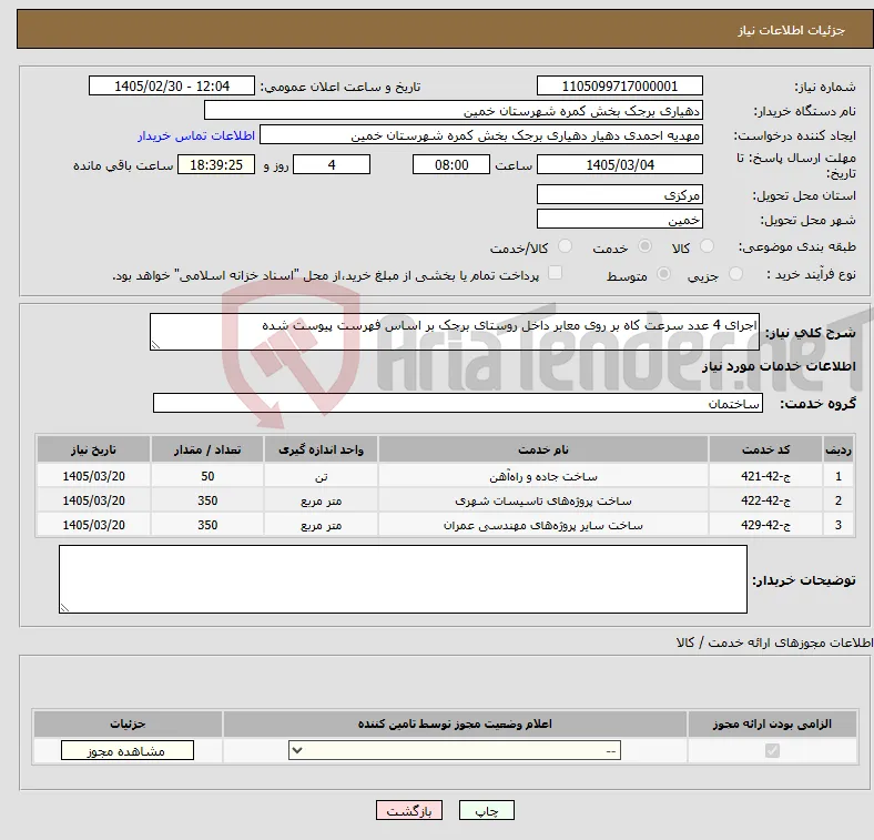 نیاز خدمات-اجرای 4 عدد سرعت کاه بر روی معابر داخل روستای برجک بر اساس فهرست پیوست شده