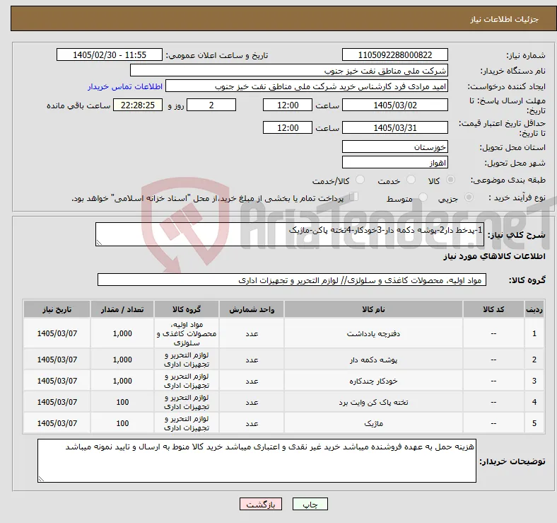 نیاز کالا-1-پدخط دار2-پوشه دکمه دار-3خودکار-4تخته پاکن-ماژیک