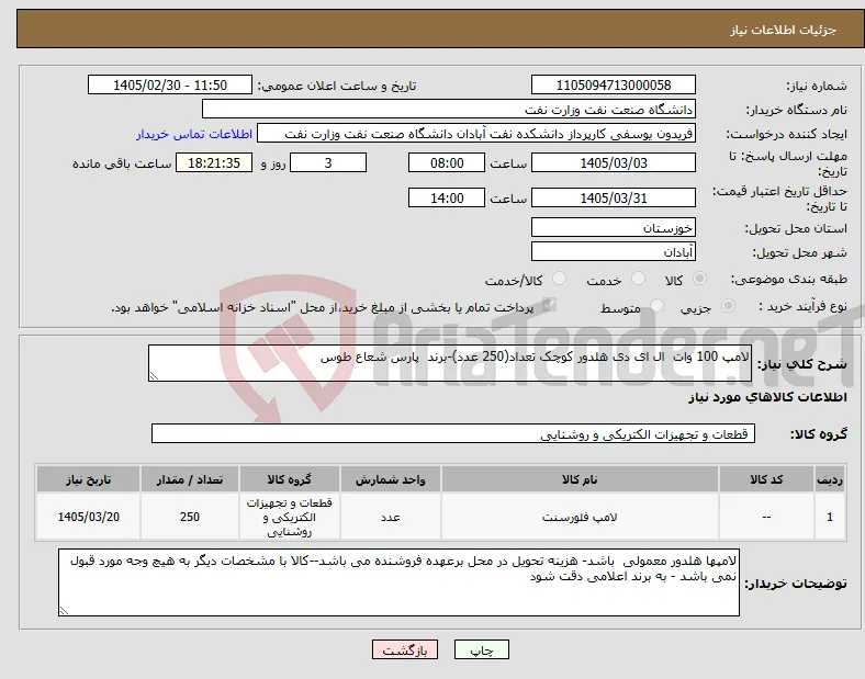 نیاز کالا-لامپ 100 وات ال ای دی هلدور کوچک تعداد(250 عدد)-برند پارس شعاع طوس 