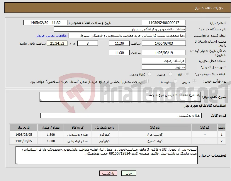 نیاز کالا-ران مرغ منجمد-شنیسل مرغ منجمد 