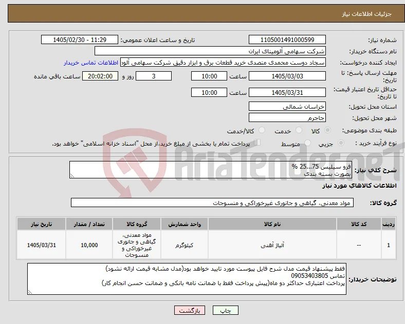 نیاز کالا-فرو سیلیس 75...25 % بصورت بسته بندی 