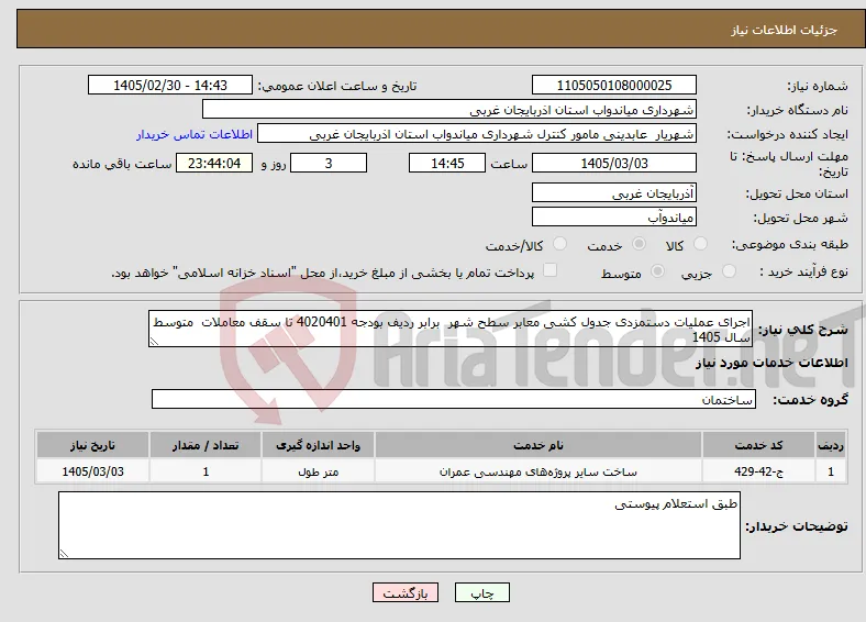 نیاز خدمات-اجرای عملیات دستمزدی جدول کشی معابر سطح شهر برابر ردیف بودجه 4020401 تا سقف معاملات متوسط سال 1405