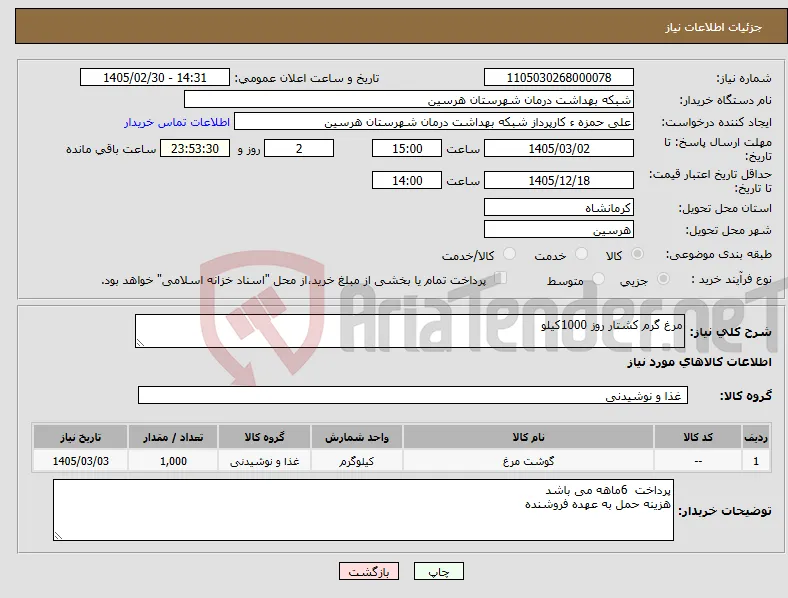 نیاز کالا-مرغ گرم کشتار روز 1000کیلو