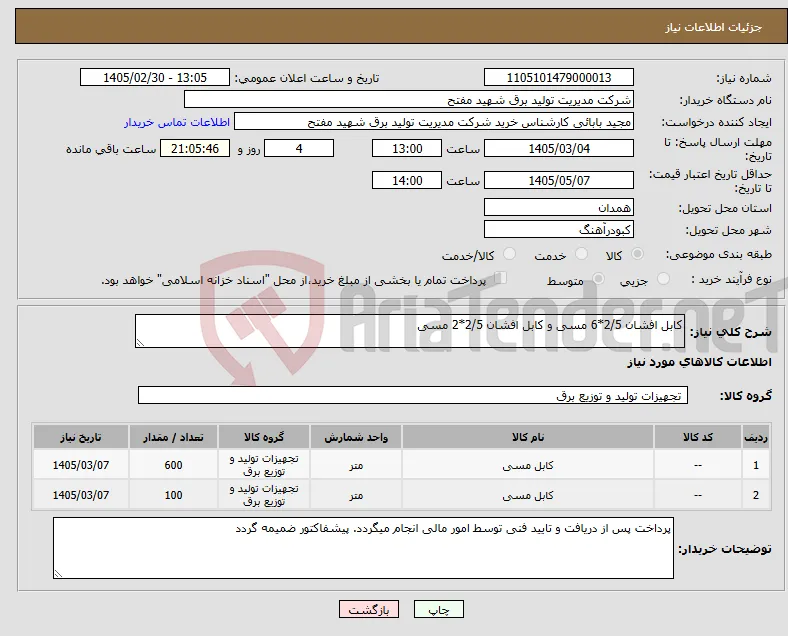 نیاز کالا-کابل افشان 2/5*6 مسی و کابل افشان 2/5*2 مسی 