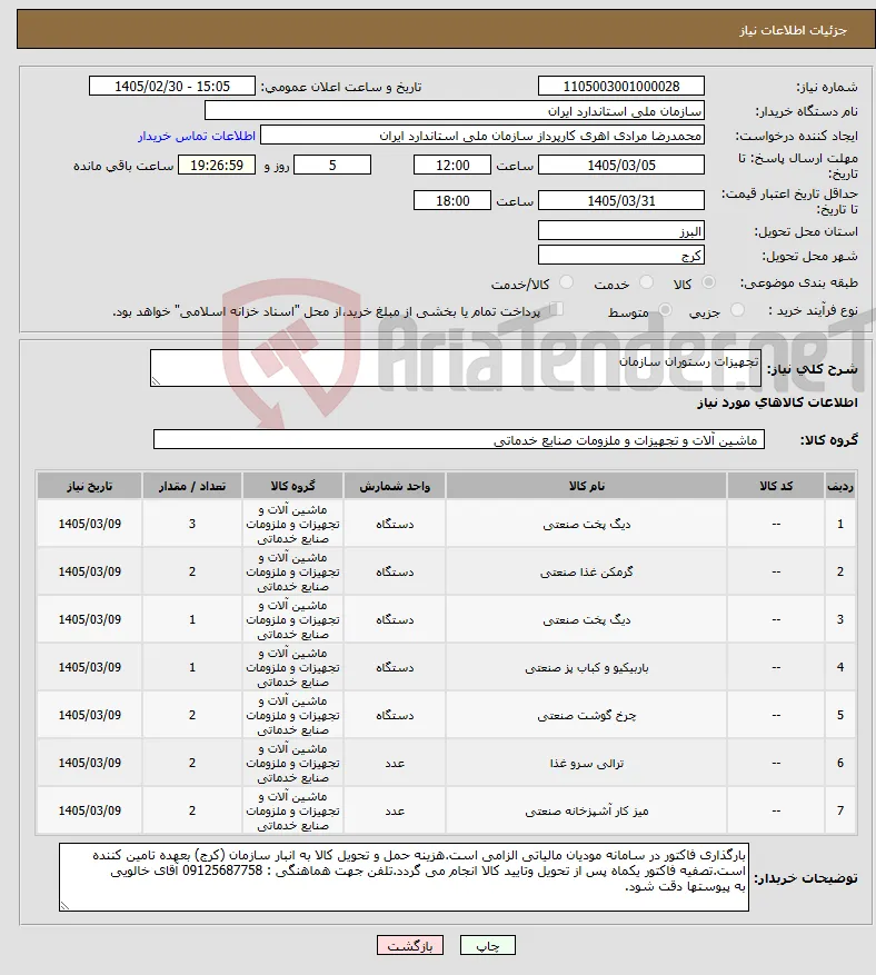 نیاز کالا-تجهیزات رستوران سازمان