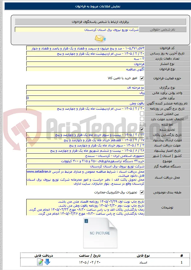 خرید۴۲ دستگاه ترانسفورماتورهای ۲۵۰ و ۳۱۵ و ۴۰۰ کیلوولت