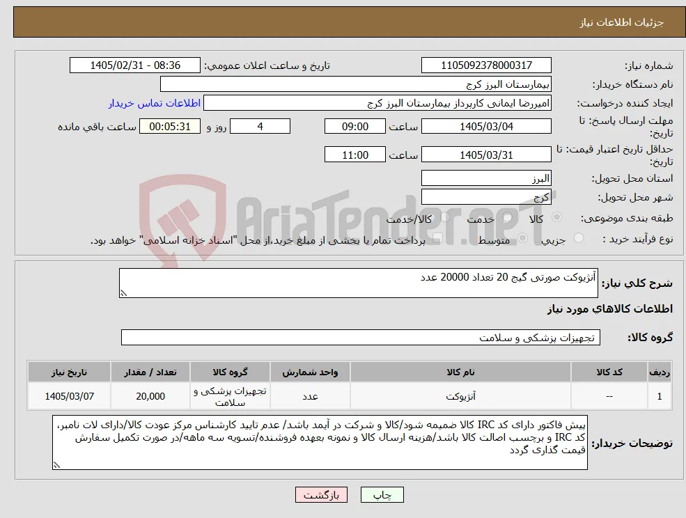 نیاز کالا-آنژیوکت صورتی گیج 20 تعداد 20000 عدد