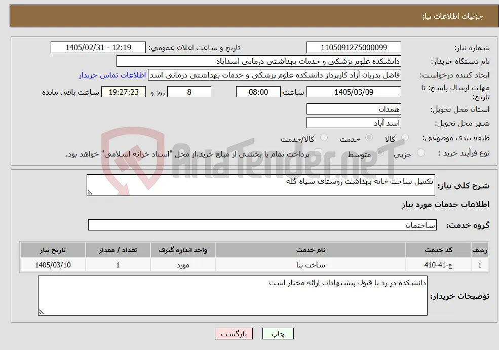 نیاز خدمات-تکمیل ساخت خانه بهداشت روستای سیاه گله