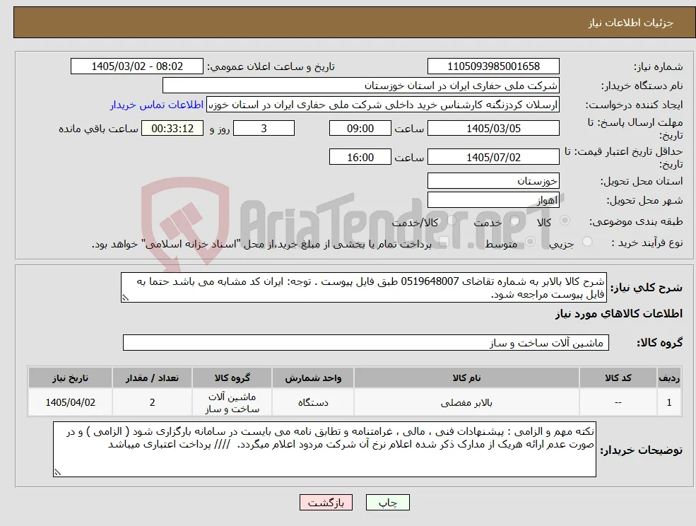 نیاز کالا-شرح کالا بالابر به شماره تقاضای 0519648007 طبق فایل پیوست . توجه: ایران کد مشابه می باشد حتما به فایل پیوست مراجعه شود. 