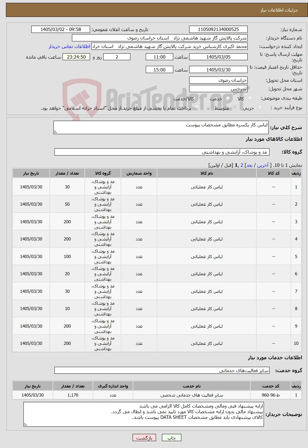 نیاز خدمت/کالا-لباس کار یکسره مطابق مشخصات پیوست 
