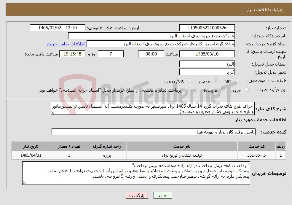 نیاز خدمات-اجرای طرح های بحران گروه 14 سال 1405 برق مهرشهر به صورت کلیددردست (به استثناء تأمین ترانسفورماتور و پایه های بتونی فشار ضعیف و متوسط) 