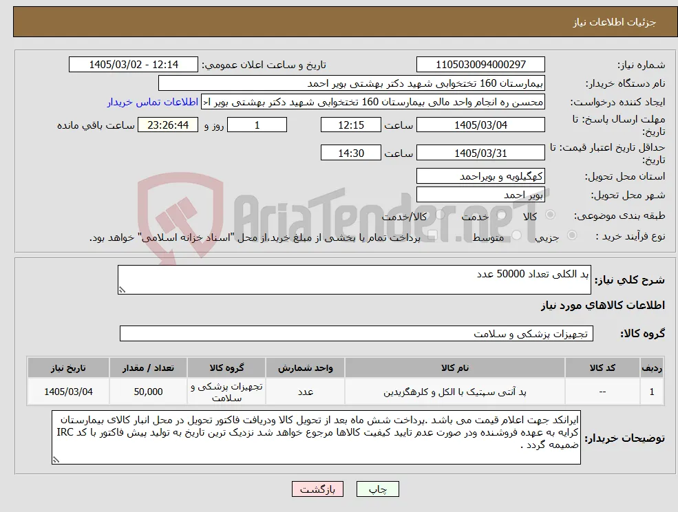 نیاز کالا-پد الکلی تعداد 50000 عدد