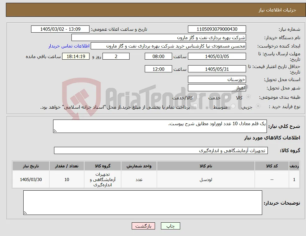 نیاز کالا-یک قلم معادل 10 عدد اوورلود مطابق شرح پیوست.