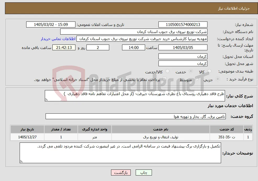 نیاز خدمات-طرح فاقد دهیاری روستای باغ نظری شهرستان جیرفت- (از محل اعتبارات تفاهم نامه فاقد دهیاری )
