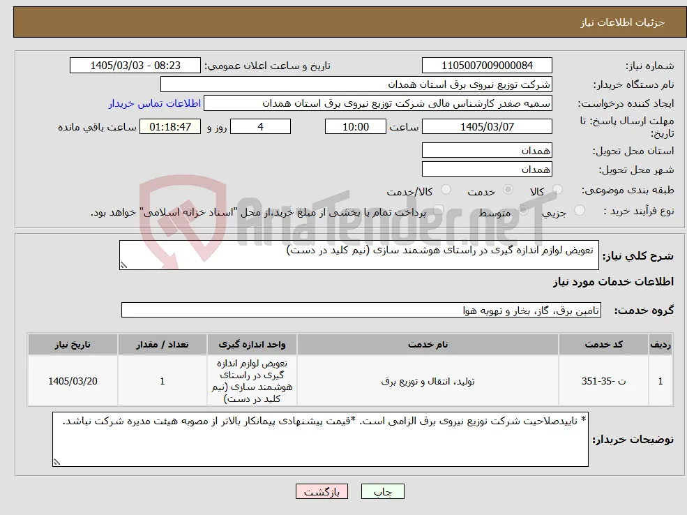 نیاز خدمات- تعویض لوازم اندازه گیری در راستای هوشمند سازی (نیم کلید در دست)