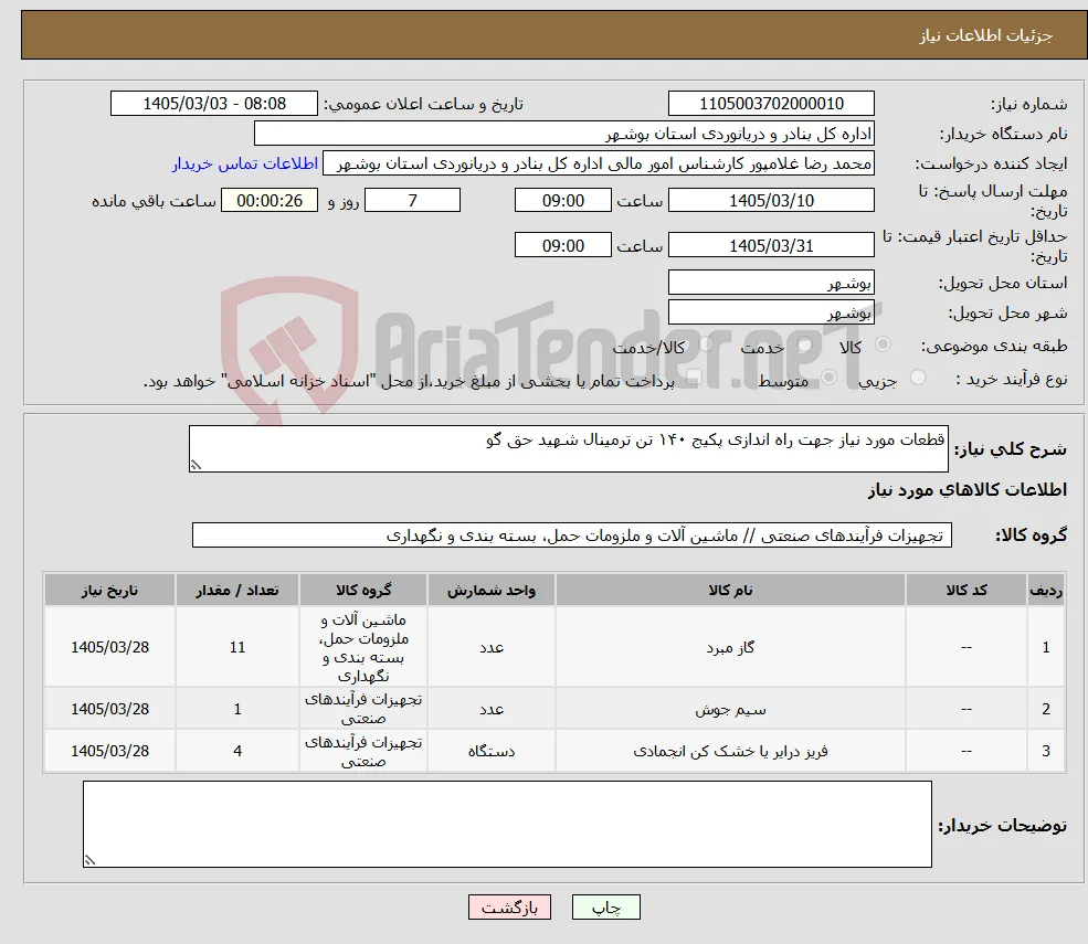 نیاز کالا-قطعات مورد نیاز جهت راه اندازی پکیج ۱۴۰ تن ترمینال شهید حق گو 