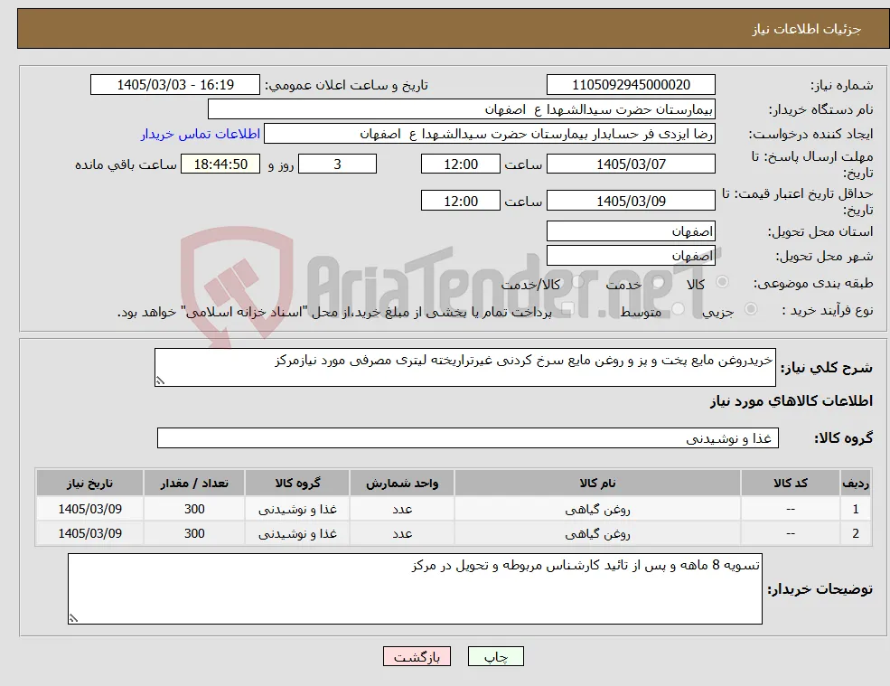 نیاز کالا-خریدروغن مایع پخت و پز و روغن مایع سرخ کردنی غیرتراریخته لیتری مصرفی مورد نیازمرکز