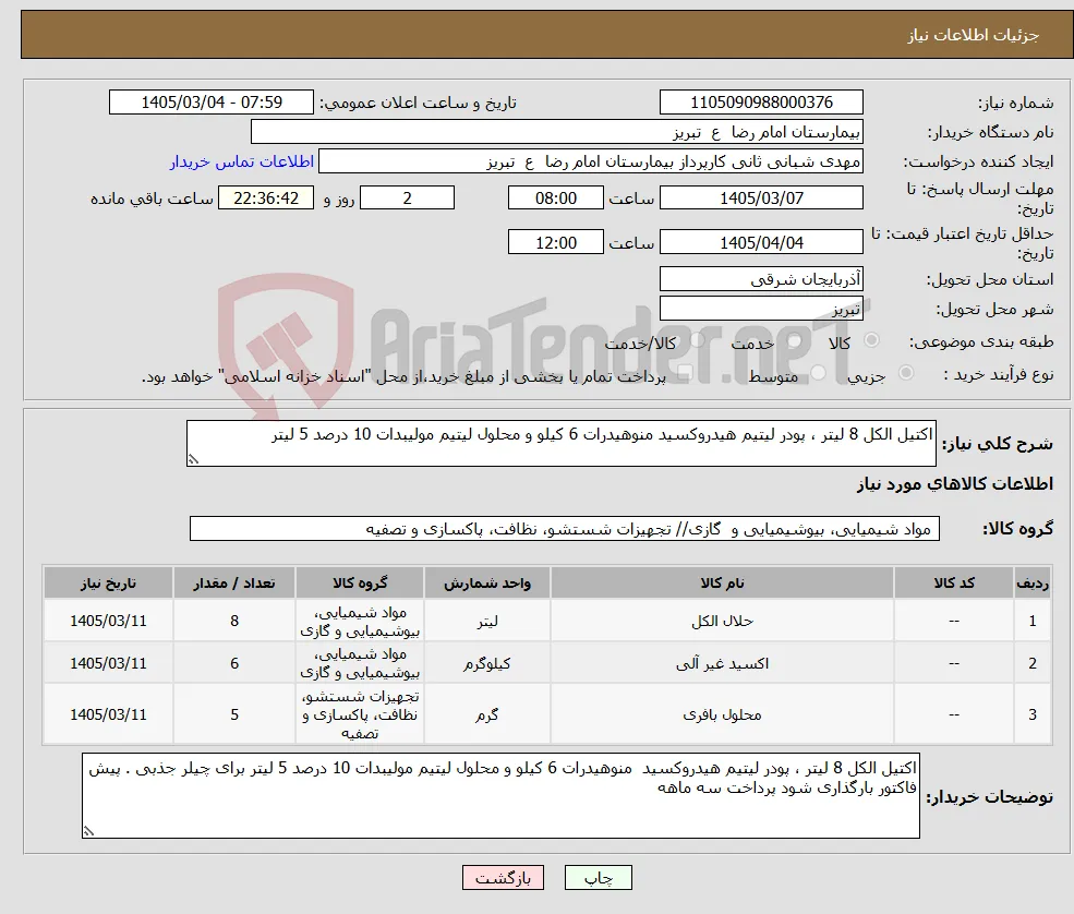 نیاز کالا-اکتیل الکل 8 لیتر ، پودر لیتیم هیدروکسید منوهیدرات 6 کیلو و محلول لیتیم مولیبدات 10 درصد 5 لیتر 