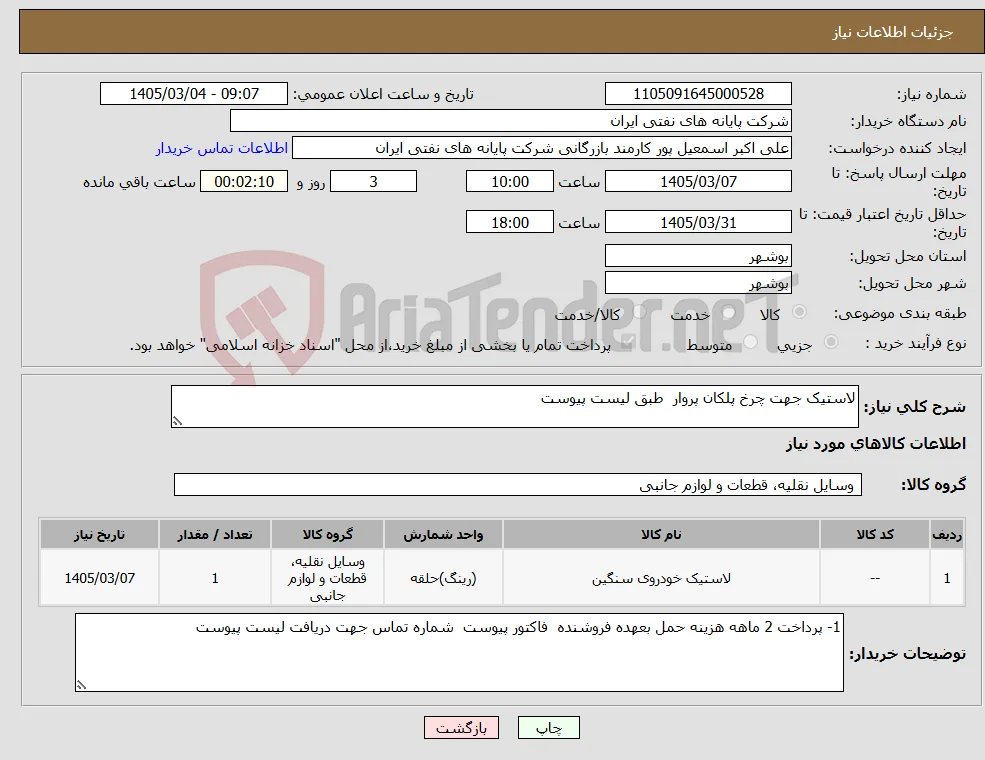 نیاز کالا-لاستیک جهت چرخ پلکان پروار طبق لیست پیوست 