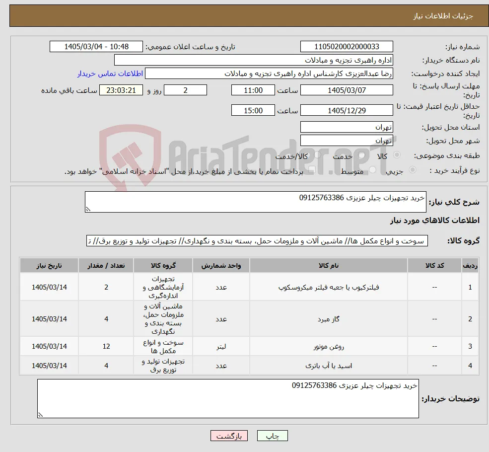 نیاز کالا-خرید تجهیزات چیلر عزیزی 09125763386