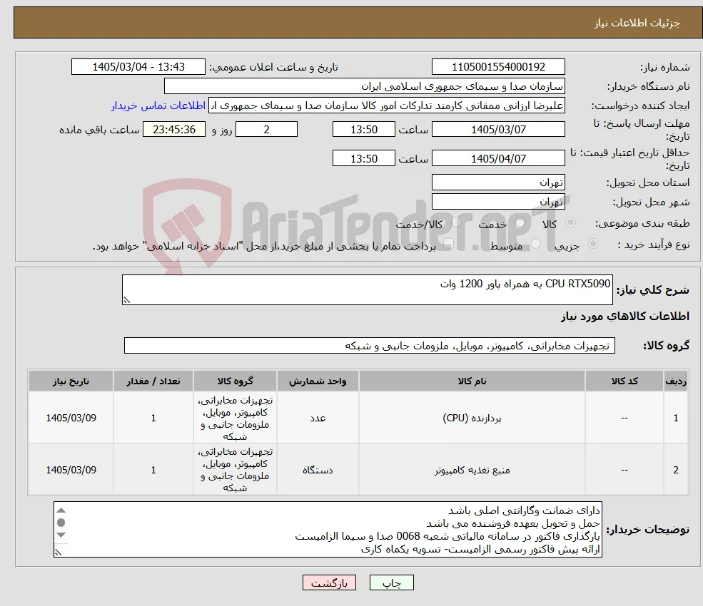 نیاز کالا-CPU RTX5090 به همراه پاور 1200 وات