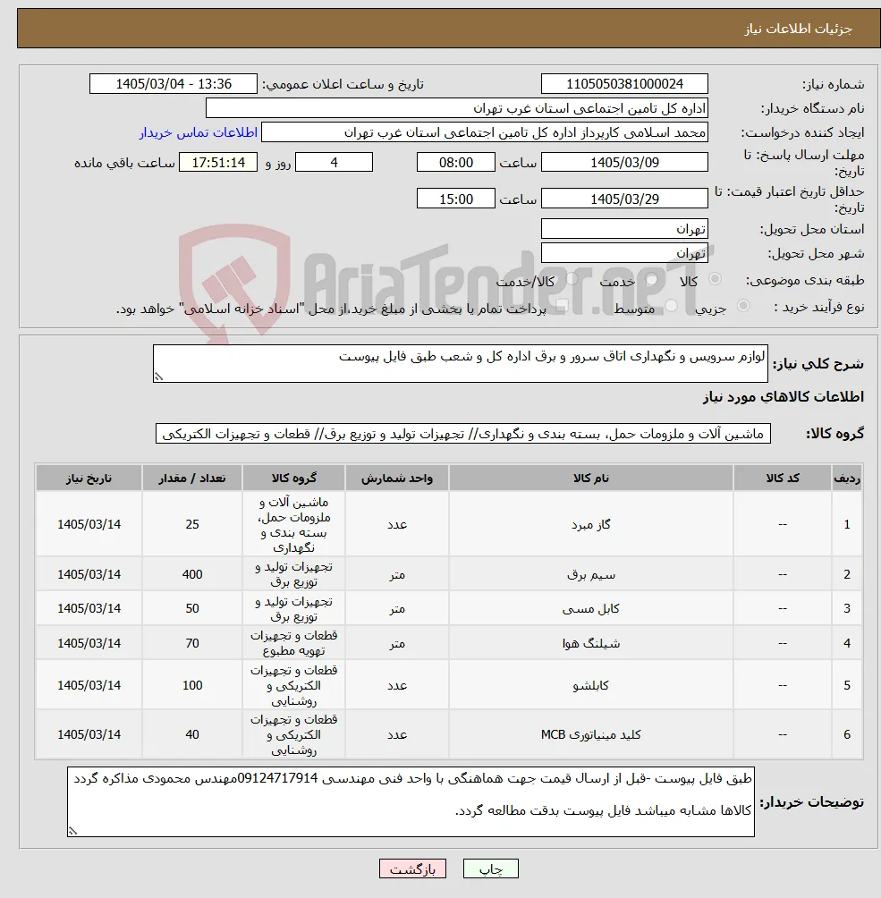 نیاز کالا-لوازم سرویس و نگهداری اتاق سرور و برق اداره کل و شعب طبق فایل پیوست