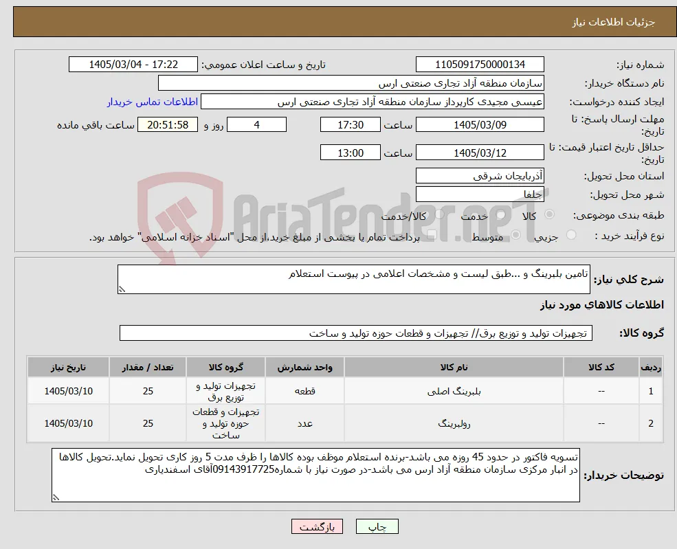 نیاز کالا-تامین بلبرینگ و ...طبق لیست و مشخصات اعلامی در پیوست استعلام